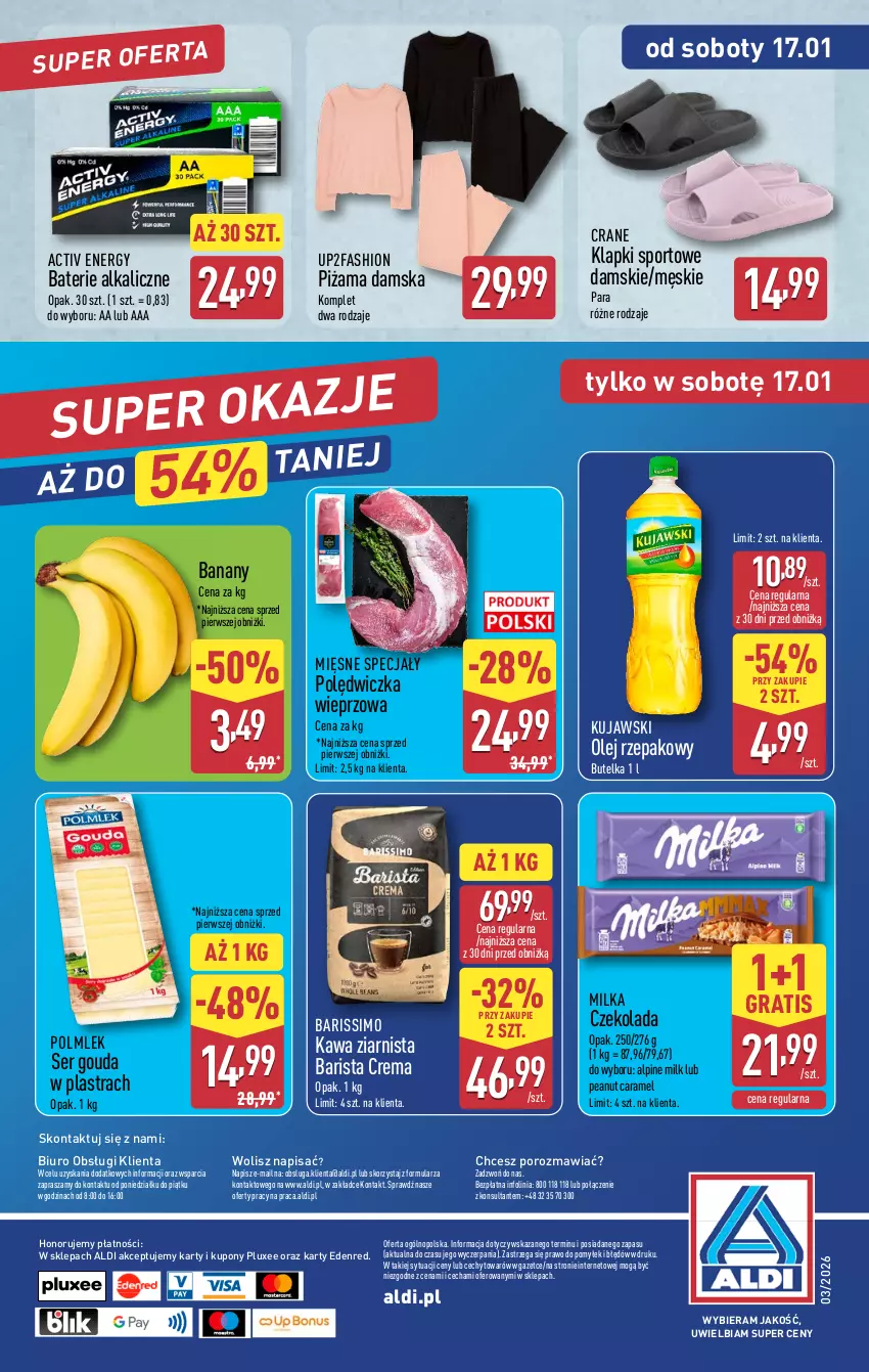 Gazetka promocyjna Aldi - Oferta weekendowa - ważna 15.01 do 17.01.2026 - strona 10 - produkty: Banany, Baterie alkaliczne, Biuro, Czekolada, Fa, Gouda, Gra, Kawa, Kawa ziarnista, Klapki, Kujawski, Mięsne specjały, Milka, O nas, Olej, Olej rzepakowy, Piżama, Polędwiczka wieprzowa, POLMLEK, Por, Ser, Sport