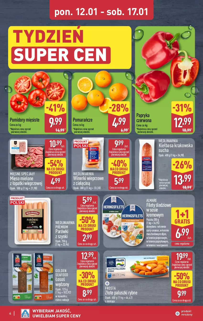 Gazetka promocyjna Aldi - Oferta weekendowa - ważna 15.01 do 17.01.2026 - strona 4 - produkty: Ananas, Frosta, Golden Seafood, Gra, Kawa, Kiełbasa, Kiełbasa krakowska, Mięsne specjały, Mięso, Mięso mielone, Mięso mielone z łopatki wieprzowej, Mintaj, Mus, Paluszki rybne, Papryka, Papryka czerwona, Parówki, Parówki z szynki, Pieprz, Pomarańcze, Pomidory, Sos, Warzywa