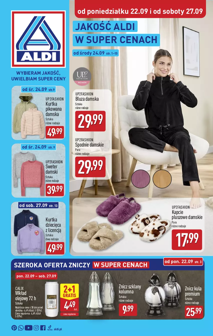 Gazetka promocyjna Aldi - Artykuły przemysłowe i tekstylia - ważna 22.09 do 27.09.2025 - strona 1 - produkty: Bluza, Dzieci, Fa, Gra, Kapcie, Kurtka, Kurtka dziecięca, Olej, Spodnie, Sweter, Wkład olejowy, Znicz