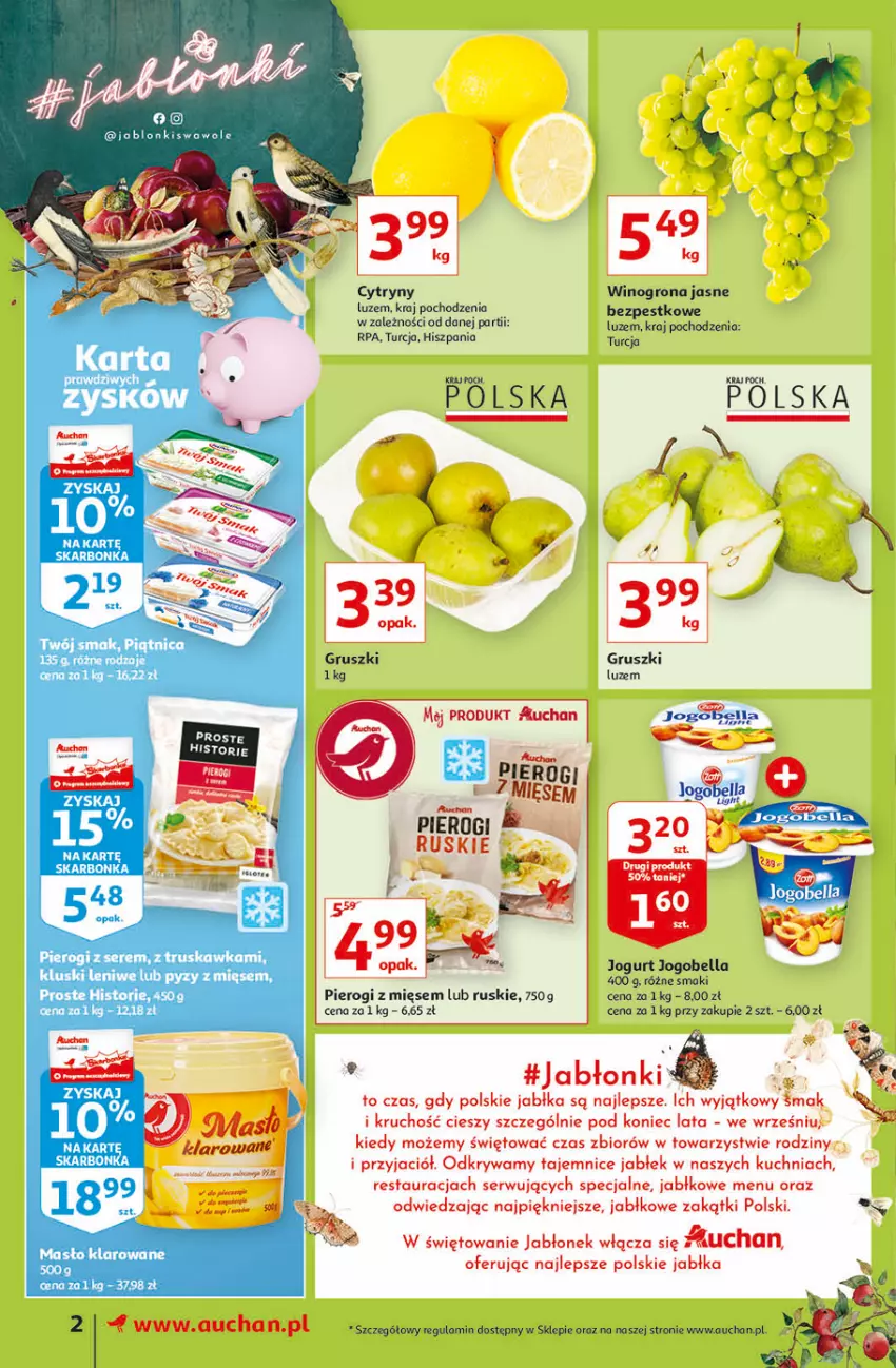 Gazetka promocyjna Auchan - Superoszczędzanie z kartą Skarbonka Supermarkety - ważna 14.10 do 20.10.2021 - strona 2 - produkty: Cytryny, Gruszki, Jabłka, Jogurt, Kuchnia, Masło, Masło klarowane, Pierogi, Ser, Wino, Winogrona