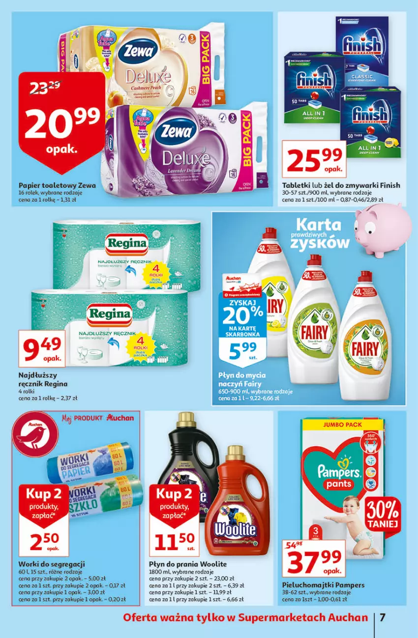 Gazetka promocyjna Auchan - Superoszczędzanie z kartą Skarbonka Supermarkety - ważna 14.10 do 20.10.2021 - strona 7 - produkty: Finish, Gin, Majtki, Pampers, Papier, Papier toaletowy, Pieluchomajtki, Płyn do prania, Ręcznik, Rolki, Tablet, Woolite, Zmywarki