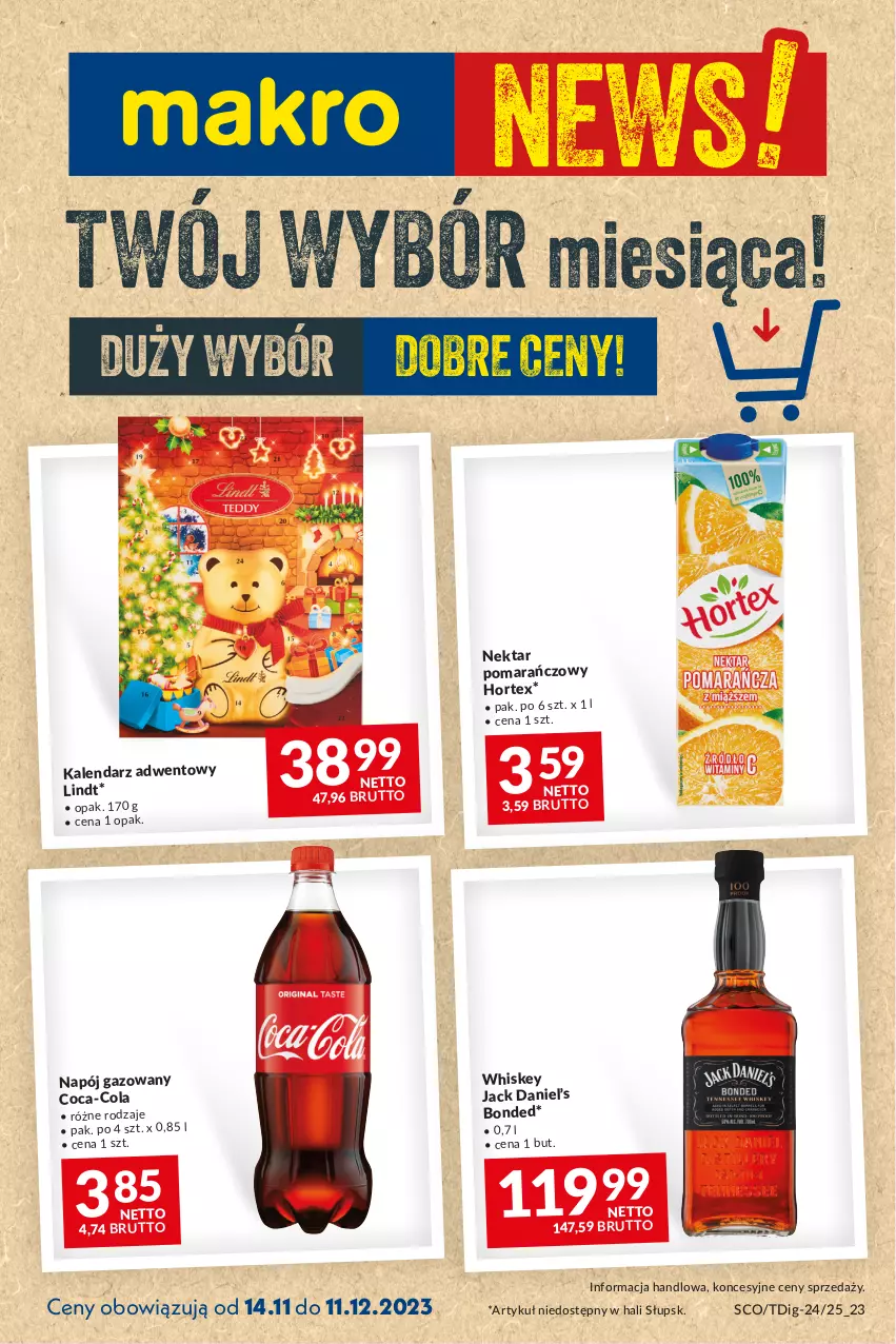 Gazetka promocyjna Makro - Najlepsze oferty - oferta z alkoholem - ważna 14.11 do 11.12.2023 - strona 1 - produkty: Coca-Cola, Kalendarz, Kalendarz adwentowy, Lindt, Napój, Napój gazowany, Nektar, Whiskey