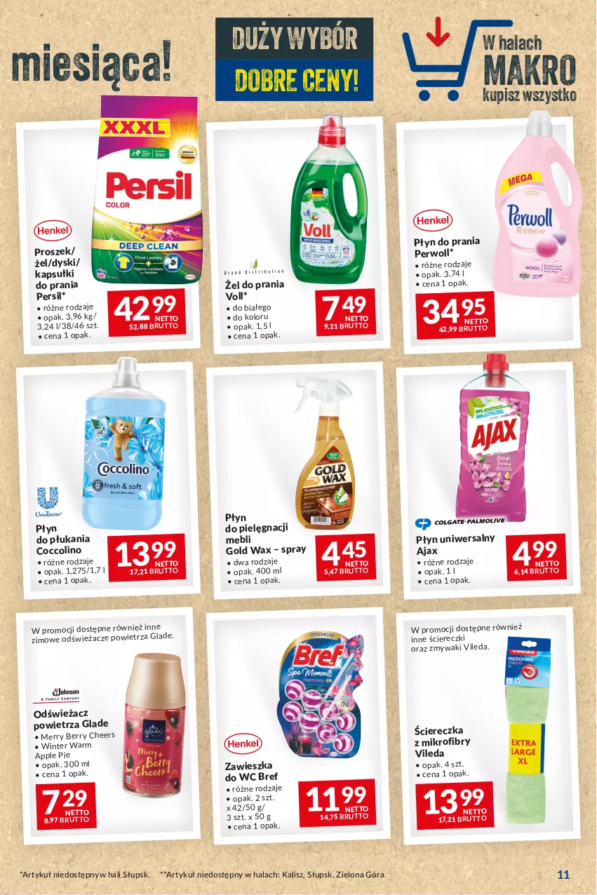 Gazetka promocyjna Makro - Najlepsze oferty - oferta z alkoholem - ważna 14.11 do 11.12.2023 - strona 11 - produkty: Ajax, Bref, Coccolino, Kapsułki do prania, Odświeżacz powietrza, Persil, Perwoll, Płyn do płukania, Płyn do prania, Vileda, Zawieszka do wc