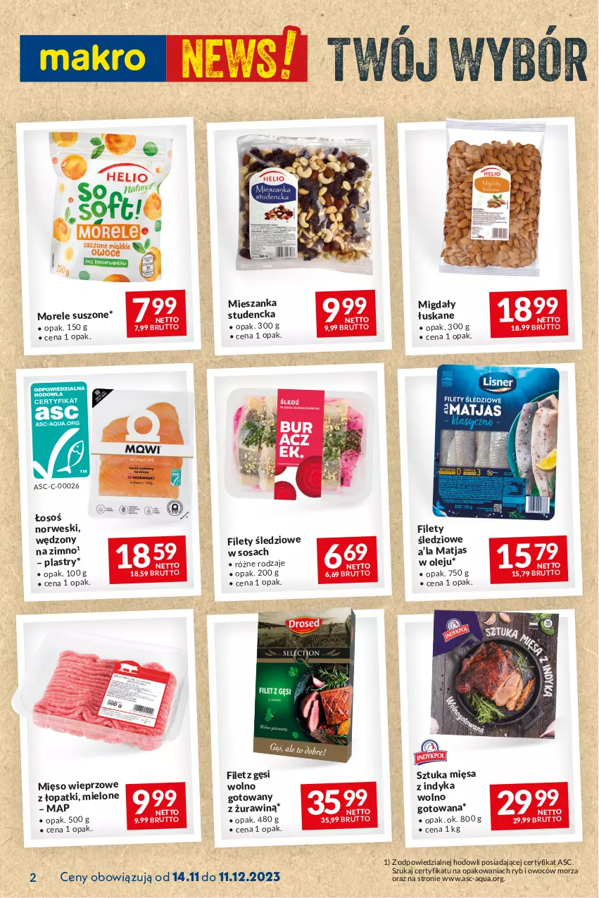 Gazetka promocyjna Makro - Najlepsze oferty - oferta z alkoholem - ważna 14.11 do 11.12.2023 - strona 2 - produkty: Matjas, Mięso, Mięso wieprzowe, Mieszanka studencka, Migdały, Migdały łuskane, Olej, Sos