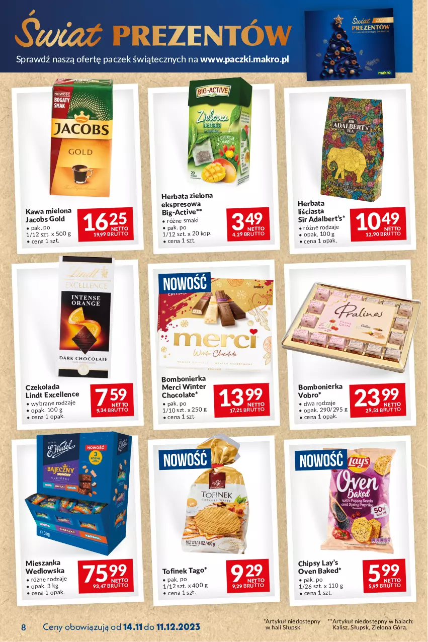 Gazetka promocyjna Makro - Najlepsze oferty - oferta z alkoholem - ważna 14.11 do 11.12.2023 - strona 8 - produkty: Chipsy, Czekolada, Herbata, Jacobs, Kawa, Kawa mielona, Kosz, Lay’s, Lindt, Merci, Mieszanka wedlowska, Tago