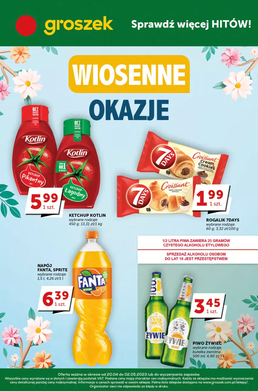 Gazetka promocyjna Groszek - ważna 20.04 do 02.05.2023 - strona 1 - produkty: Fa, Fanta, Groszek, Ketchup, Kotlin, Piwo, Rogal, Sprite