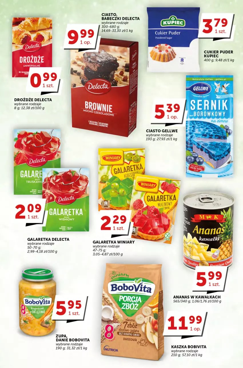 Gazetka promocyjna Groszek - ważna 20.04 do 02.05.2023 - strona 17 - produkty: Ananas, Babeczki, BoboVita, Cukier, Cukier puder, Delecta, Drożdże, Gala, Galaretka, Kawa, Kupiec, Piec, Puder, Winiary