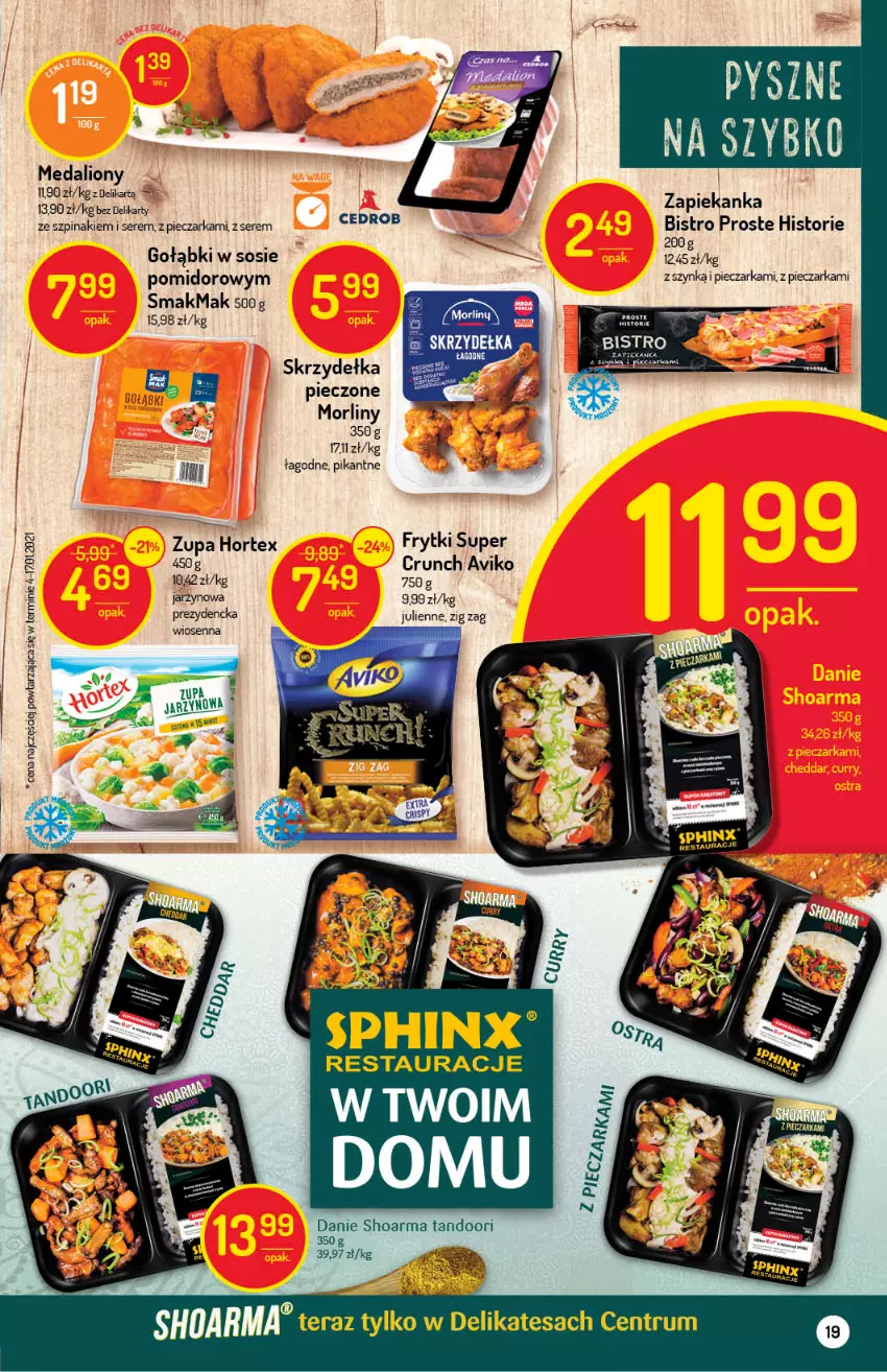 Gazetka promocyjna Delikatesy Centrum - ważna 11.03 do 17.03.2021 - strona 19 - produkty: Frytki, Hortex, Lion, Morliny, Piec, Pieczarka, Rum, Ser, Skrzydełka pieczone, Sos, Szpinak, Tera, Zapiekanka, Zupa