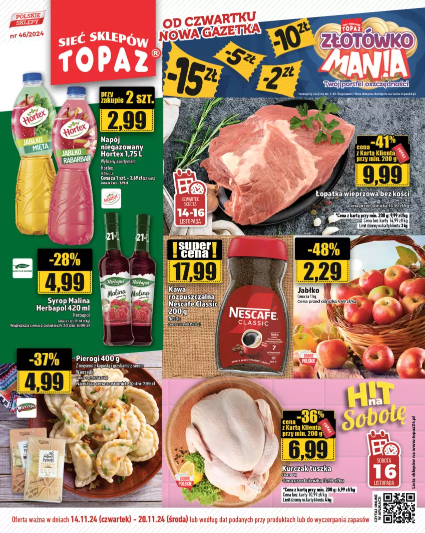 Gazetka promocyjna Topaz - Gazetka - ważna 14.11 do 20.11.2024 - strona 1 - produkty: Gra, Herbapol, Kapustą, Pierogi, Por, Ser, Syrop