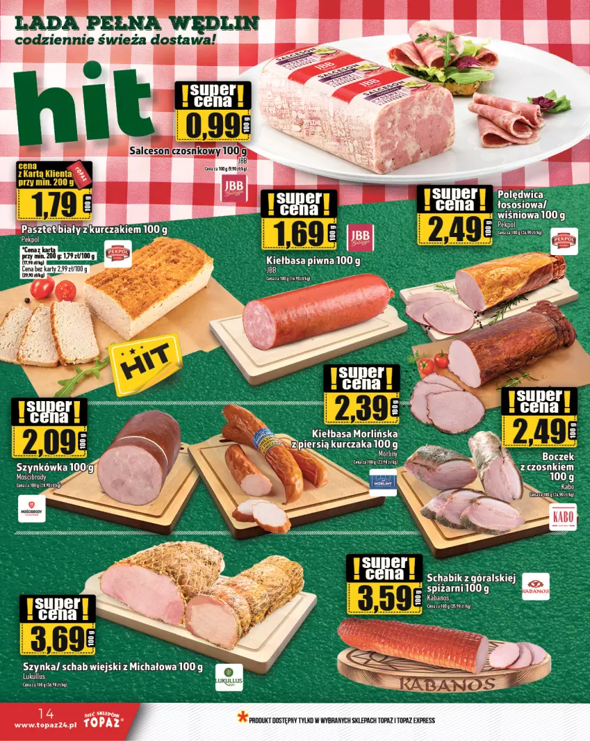 Gazetka promocyjna Topaz - Gazetka - ważna 14.11 do 20.11.2024 - strona 14 - produkty: Kabanos, Kiełbasa, Kiełbasa piwna, Kurczak, Sos, Szynka, Top