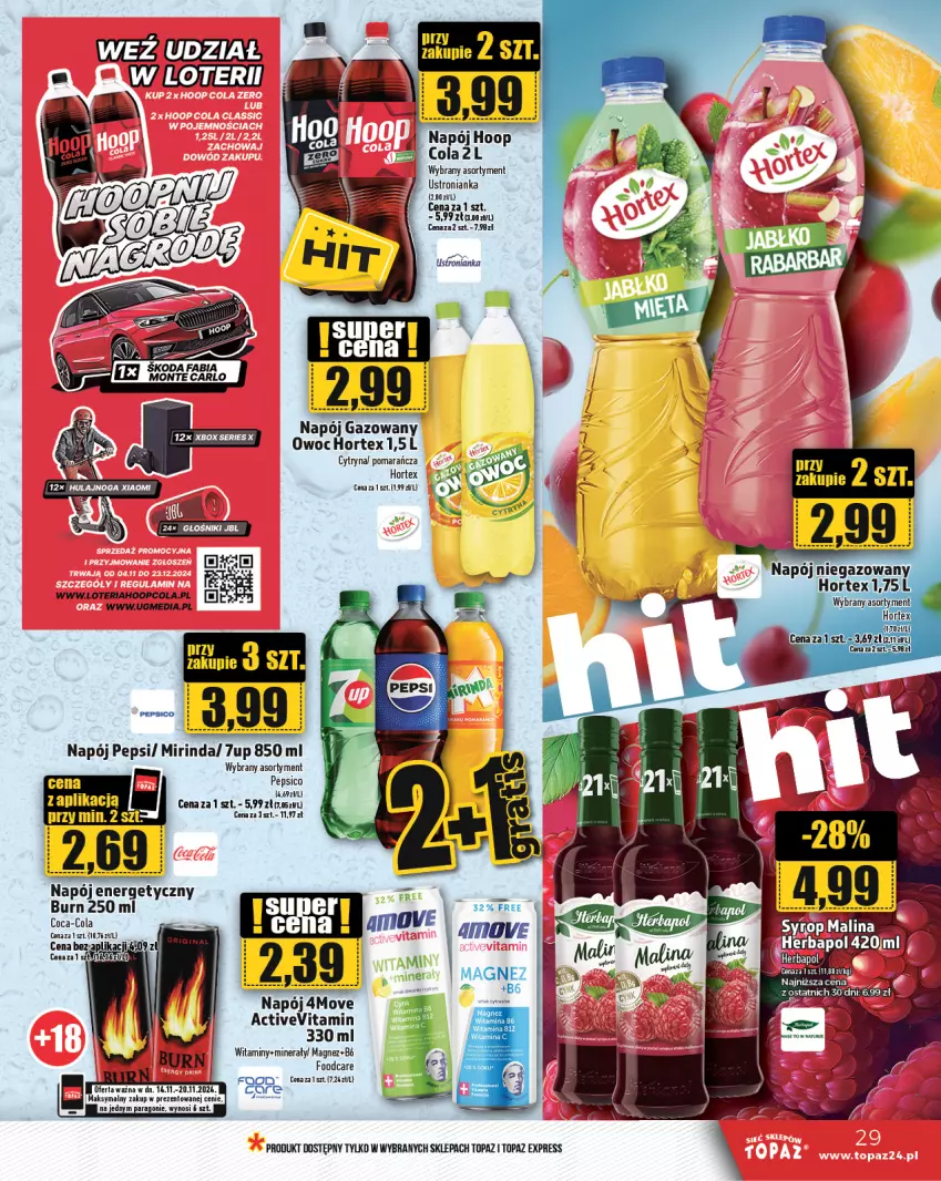 Gazetka promocyjna Topaz - Gazetka - ważna 14.11 do 20.11.2024 - strona 29 - produkty: 7up, Coca-Cola, Hoop, Hortex, Magnez, Mirinda, Napój, Napój energetyczny, Napój gazowany, Pepsi, Ser, Top, Xbox