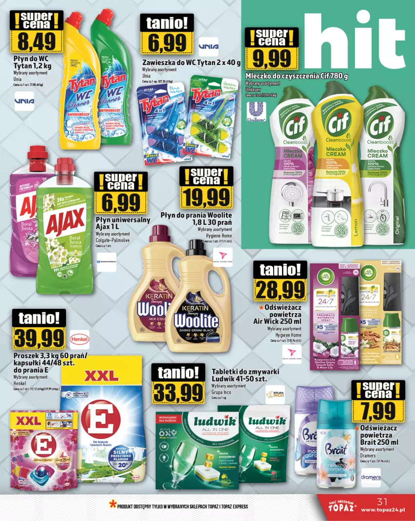 Gazetka promocyjna Topaz - Gazetka - ważna 14.11 do 20.11.2024 - strona 31 - produkty: Air Wick, Ajax, Colgate, LG, Ludwik, Mleczko, Odświeżacz powietrza, Palmolive, Tablet, Tabletki do zmywarki, Top, Tytan, Zawieszka do wc, Zmywarki