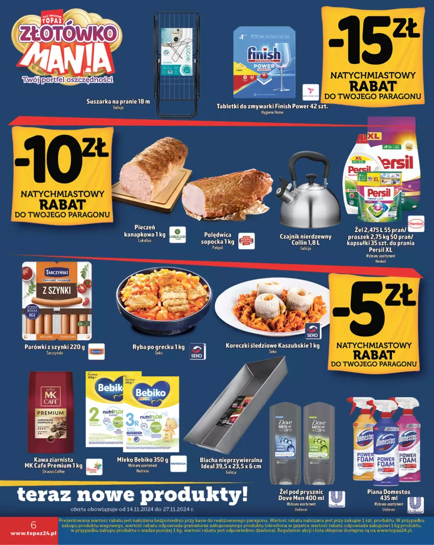 Gazetka promocyjna Topaz - Gazetka - ważna 14.11 do 20.11.2024 - strona 6 - produkty: Bebiko, Czajnik, Domestos, Dove, Finish, Kawa, Kawa ziarnista, Koreczki śledziowe, Mleko, Parówki, Parówki z szynki, Piec, Polędwica, Ryba, SEKO, Suszarka, Suszarka na pranie, Tablet, Tabletki do zmywarki, Tarczyński, Top, Zmywarki