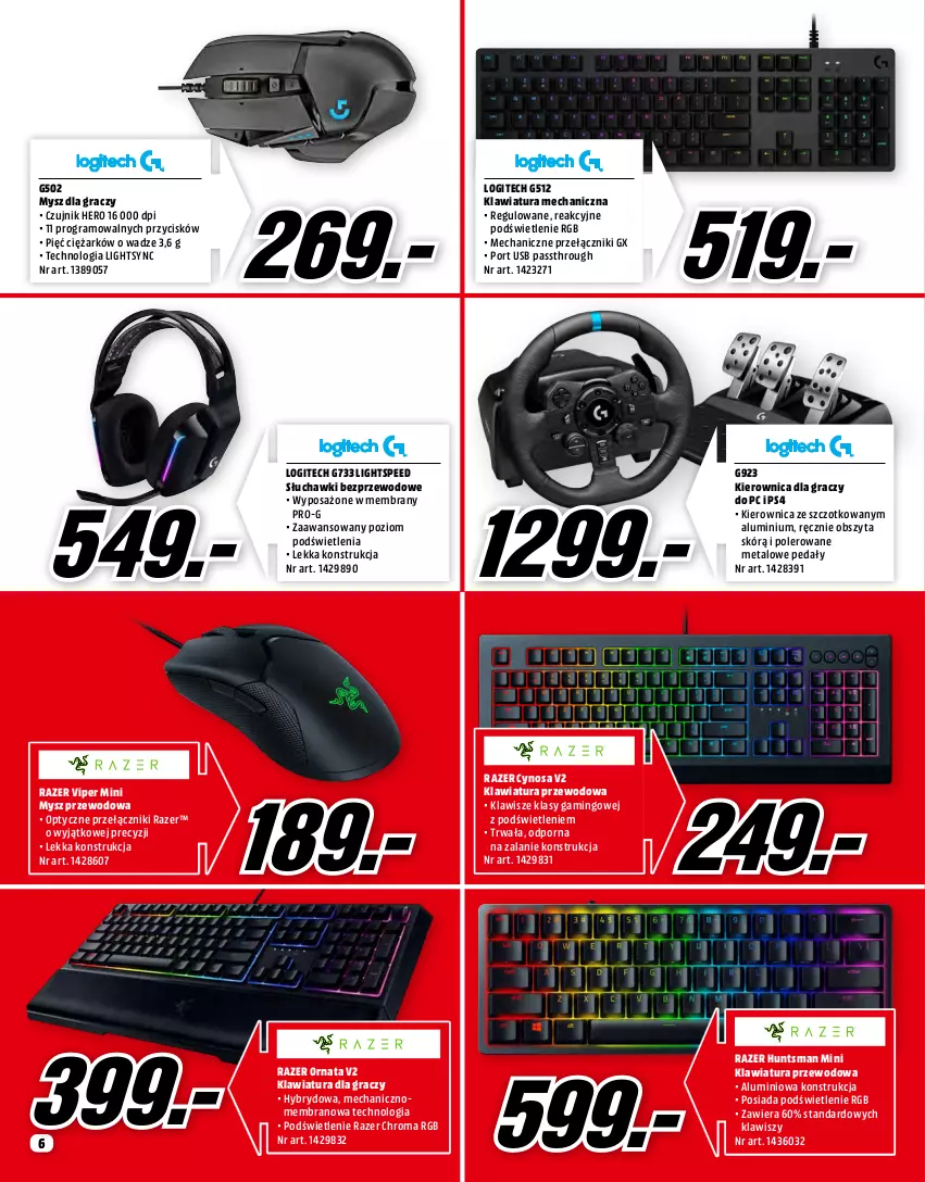 Gazetka promocyjna Media Markt - Gazetka Media Markt - ważna 01.07 do 31.07.2021 - strona 6 - produkty: Gra, Kierownica, Klawiatura, Logitech, Mysz, Por, Razer, Słuchawki, Słuchawki bezprzewodowe