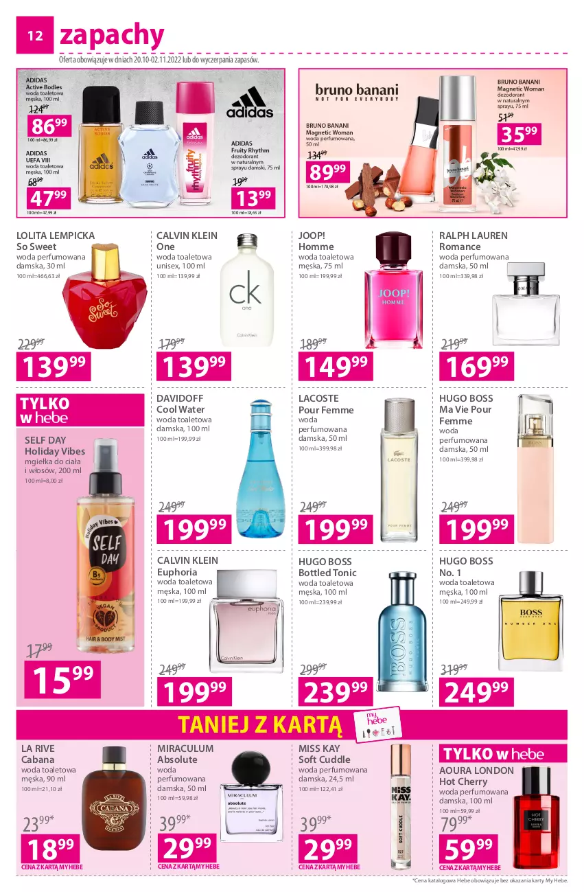 Gazetka promocyjna Hebe - Gazetka - ważna 20.10 do 02.11.2022 - strona 12 - produkty: Absolut, Calvin Klein, Davidoff, Hugo Boss, JOOP!, La Rive, Lacoste, Laur, Lolita Lempicka, Perfum, Ralph Lauren, Woda, Woda perfumowana, Woda toaletowa