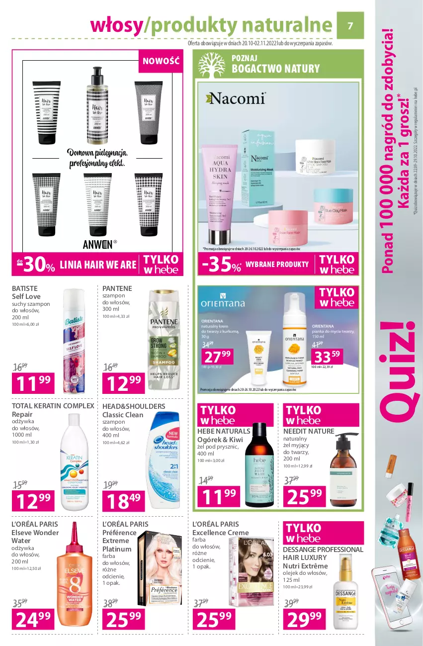 Gazetka promocyjna Hebe - Gazetka - ważna 20.10 do 02.11.2022 - strona 7 - produkty: Batiste, Elseve, Fa, Farba do włosów, Kiwi, L’Oréal, Odżywka, Ogórek, Olej, Pantene, Quiz, Suchy szampon, Szampon, Total Keratin