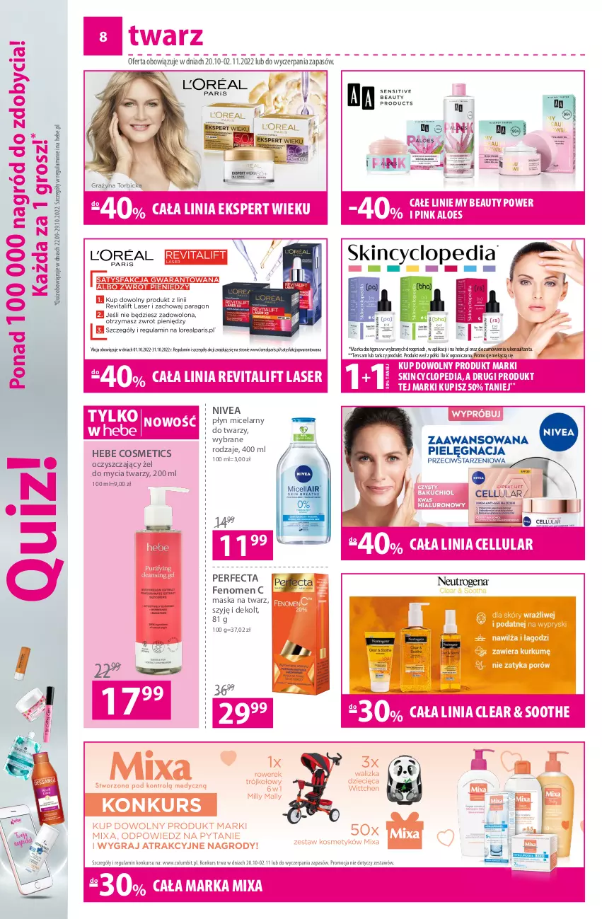 Gazetka promocyjna Hebe - Gazetka - ważna 20.10 do 02.11.2022 - strona 8 - produkty: Gra, Hebe Cosmetics, Maska, Mixa, Nivea, Perfecta, Płyn micelarny, Quiz, Ser