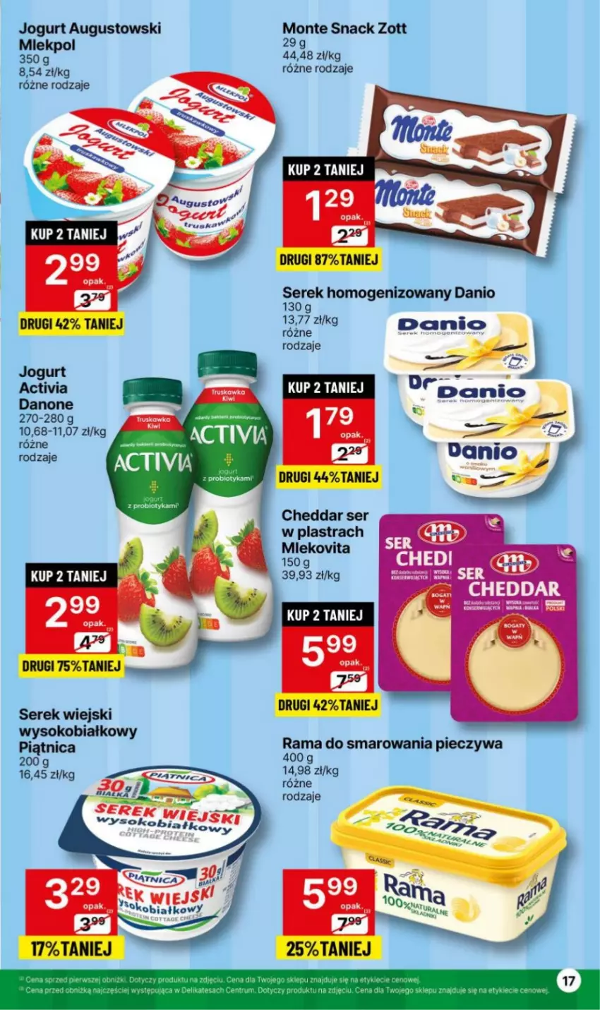 Gazetka promocyjna Delikatesy Centrum - NOWA GAZETKA Delikatesy Centrum od 29 stycznia! 29.01-04.02.2024 - ważna 29.01 do 04.02.2024 - strona 17 - produkty: Activia, Cheddar, Danio, Danone, Jogurt, Monte, Piątnica, Piec, Probiotyk, Rama, Ser, Serek, Serek homogenizowany, Serek wiejski, Sok, Zott