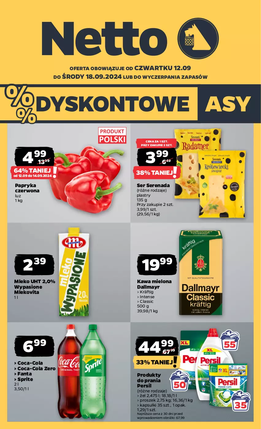 Gazetka promocyjna Netto - Artykuły spożywcze - ważna 12.09 do 18.09.2024 - strona 1 - produkty: Coca-Cola, Dallmayr, Fa, Fanta, Kawa, Kawa mielona, Mleko, Mlekovita, Papryka, Papryka czerwona, Persil, Ser, Sprite