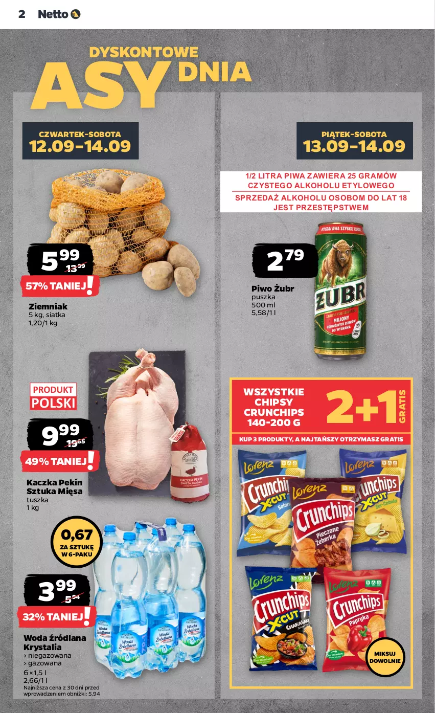 Gazetka promocyjna Netto - Artykuły spożywcze - ważna 12.09 do 18.09.2024 - strona 2 - produkty: Chipsy, Crunchips, Gra, Kaczka, LANA, Piwa, Piwo, Siatka, Tusz, Woda