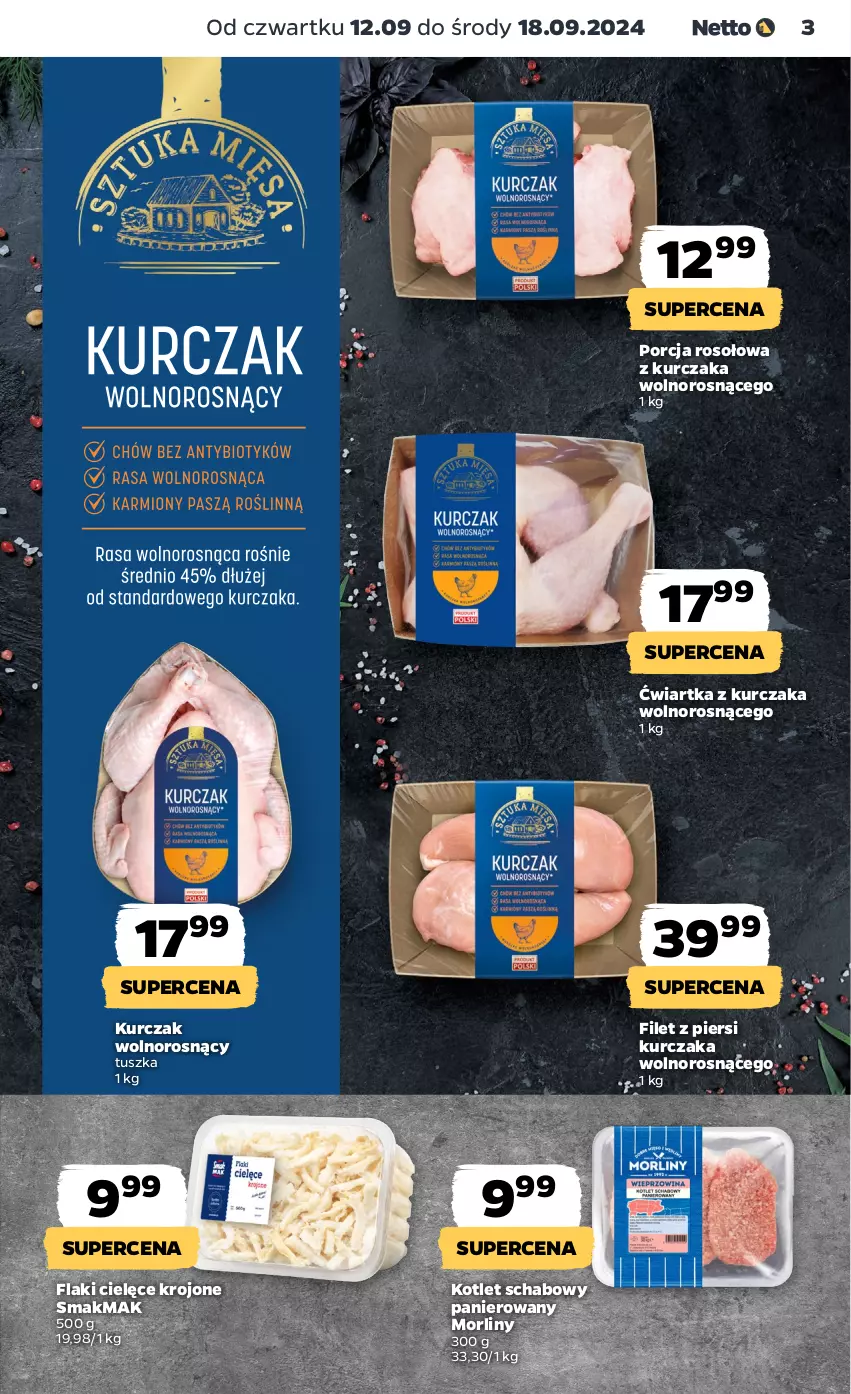 Gazetka promocyjna Netto - Artykuły spożywcze - ważna 12.09 do 18.09.2024 - strona 3 - produkty: Filet z piersi kurczaka, Flaki, Kotlet, Kurczak, Morliny, Por, Tusz