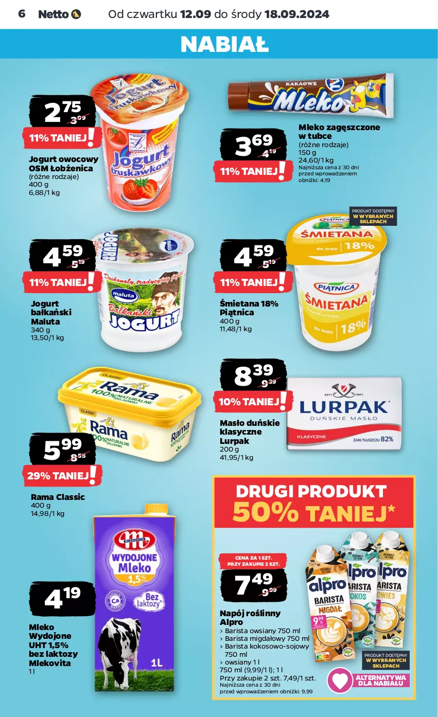 Gazetka promocyjna Netto - Artykuły spożywcze - ważna 12.09 do 18.09.2024 - strona 6 - produkty: Alpro, Jogurt, Jogurt owocowy, Kokos, Lurpak, Masło, Mleko, Mleko zagęszczone, Mlekovita, Napój, Napój roślinny, Piątnica, Rama