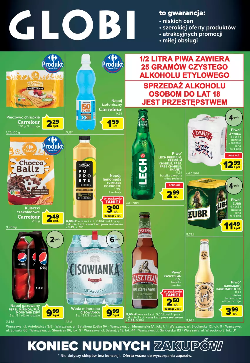 Gazetka promocyjna Carrefour - Gazetka Globi - ważna 13.09 do 19.09.2022 - strona 2 - produkty: 7up, Chrupki, Cisowianka, Gra, Kasztelan, Kosz, Lech Premium, Lemoniada, Lion, Mirinda, Napój, Napój gazowany, Napój izotoniczny, Pepsi, Piec, Piwa, Piwo, Tymbark, Woda, Woda mineralna