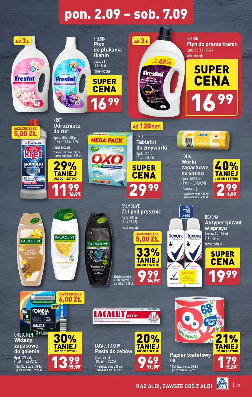 Gazetka promocyjna Aldi - Pełna oferta - ważna 02.09 do 07.09.2024 - strona 13 - produkty: Antyperspirant, Kret, Lacalut, Palmolive, Papier, Papier toaletowy, Pasta do zębów, Płyn do płukania, Płyn do prania, Rexona, Tablet, Tabletki do zmywarki, Zmywarki