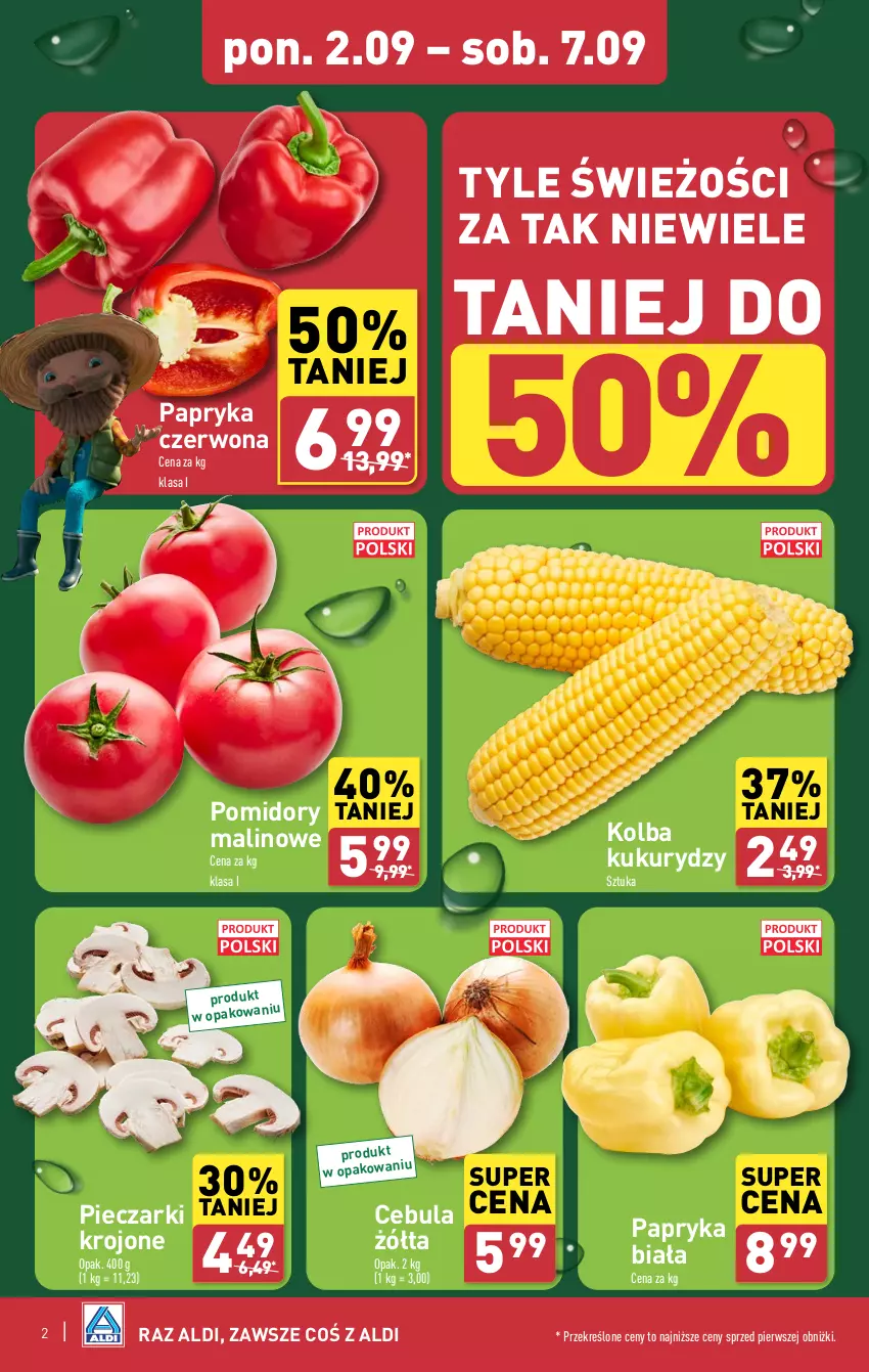 Gazetka promocyjna Aldi - Pełna oferta - ważna 02.09 do 07.09.2024 - strona 2 - produkty: Cebula, Papryka, Papryka biała, Papryka czerwona, Piec, Pieczarki krojone, Pomidory