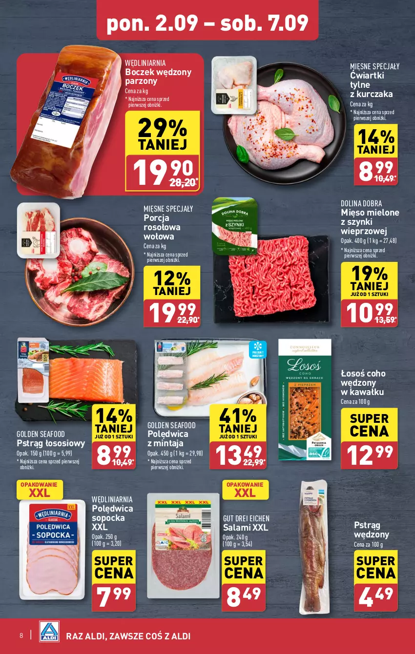 Gazetka promocyjna Aldi - Pełna oferta - ważna 02.09 do 07.09.2024 - strona 8 - produkty: Boczek, Golden Seafood, Kawa, Kurczak, Mięsne specjały, Mięso, Mięso mielone, Mięso mielone z szynki, Mintaj, Polędwica, Por, Pstrąg, Pstrąg łososiowy, Pstrąg wędzony, Salami, Sos