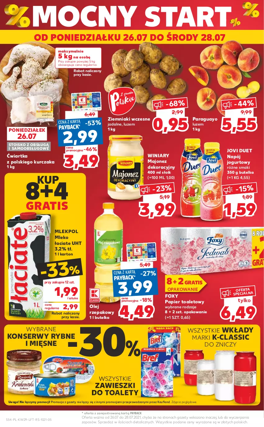 Gazetka promocyjna Kaufland - OFERTA TYGODNIA - ważna 22.07 do 28.07.2021 - strona 54 - produkty: Foxy, Gra, Jogurt, Kurczak, Majonez, Mleko, Napój, Napój jogurtowy, Olej, Olej rzepakowy, Papier, Papier toaletowy, Ser, Waga, Winiary, Zawieszki, Ziemniaki, Znicz