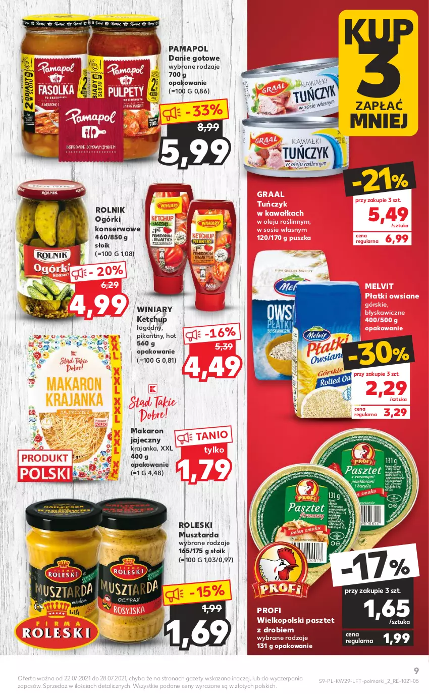 Gazetka promocyjna Kaufland - OFERTA TYGODNIA - ważna 22.07 do 28.07.2021 - strona 9 - produkty: Danie gotowe, Gra, Graal, Kawa, Ketchup, Makaron, Melvit, Mus, Musztarda, Ogórki konserwowe, Olej, Olma, Pasztet, Płatki owsiane, Rolnik, Ser, Sos, Tuńczyk, Winiary