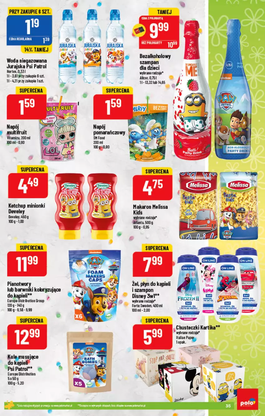 Gazetka promocyjna PoloMarket - Gazetka pomocyjna - ważna 06.04 do 12.04.2022 - strona 35 - produkty: Chusteczki, Disney, Dzieci, Hortex, Ketchup, Makaron, Napój, Psi Patrol, Szampon, Woda, Woda niegazowana