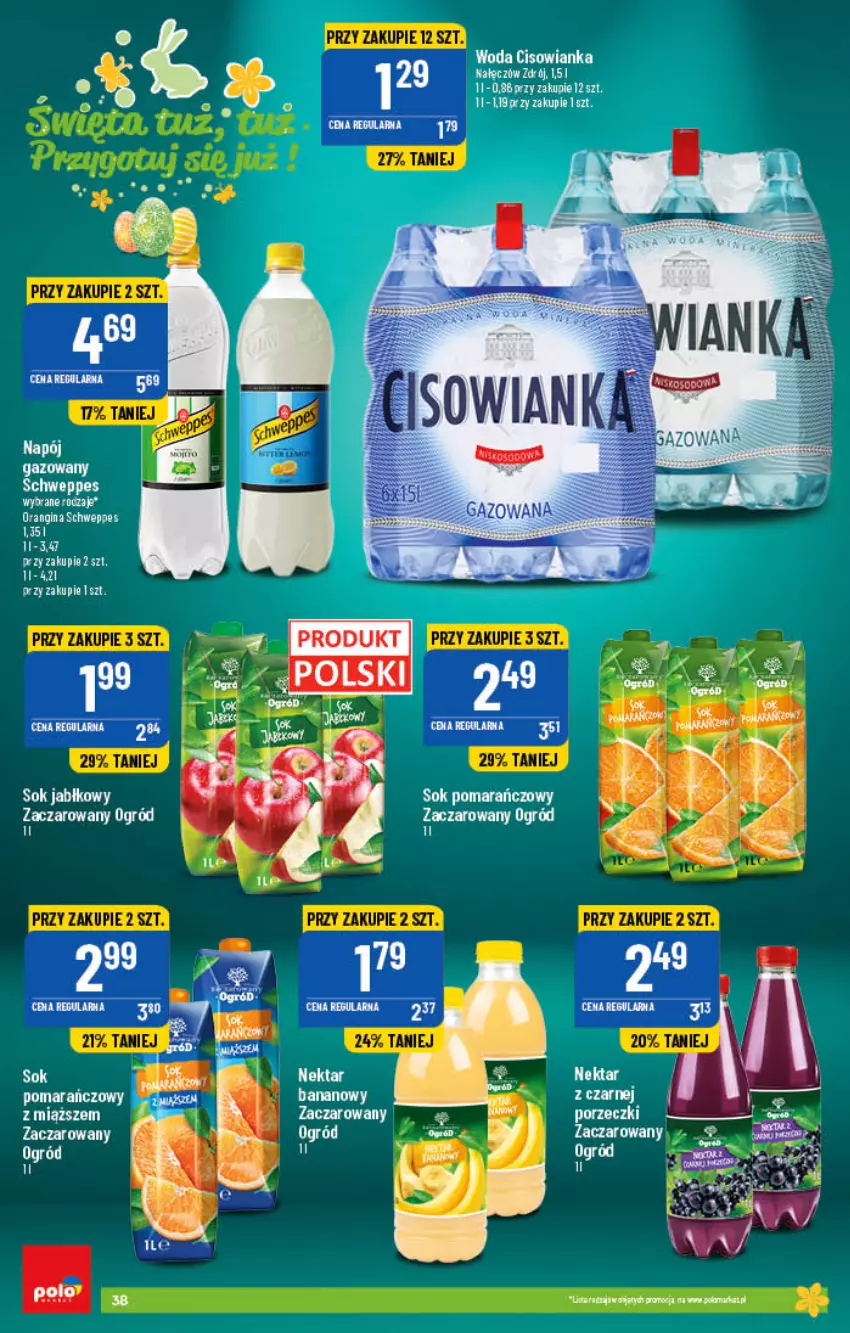 Gazetka promocyjna PoloMarket - Gazetka pomocyjna - ważna 06.04 do 12.04.2022 - strona 38 - produkty: Cisowianka, Gin, Napój, Nektar, Ogród, Por, Schweppes, Sok, Sok jabłkowy, Sok pomarańczowy, Woda