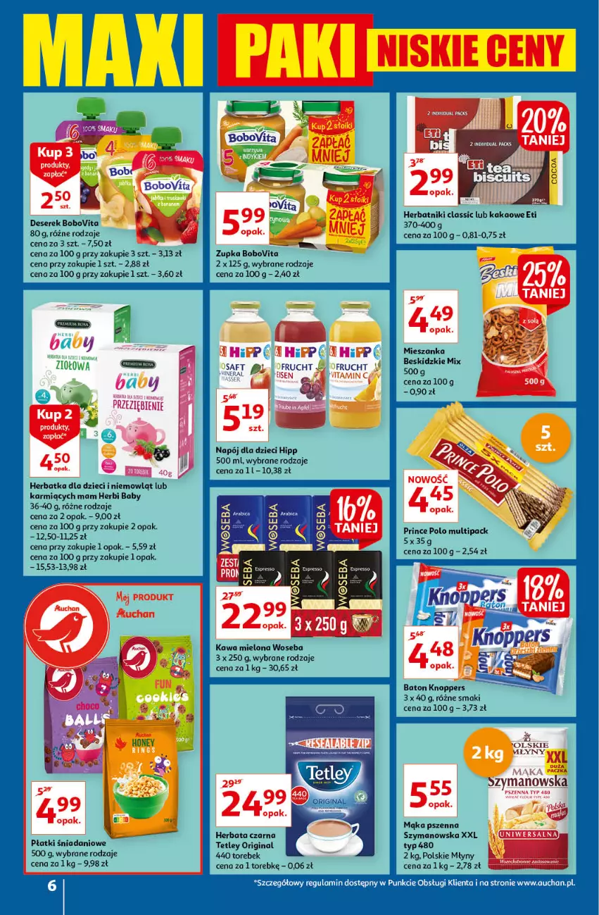 Gazetka promocyjna Auchan - Maxi Paki Niskie Ceny Hipermarkety - ważna 13.01 do 19.01.2022 - strona 6 - produkty: Baton, BoboVita, Danio, Dzieci, Gin, Herbata, Herbata czarna, Herbatniki, HiPP, Kakao, Karmi, Kawa, Kawa mielona, Knoppers, Mąka, Mąka pszenna, Napój, Polskie Młyny, Prince Polo, Ser, Tetley, Vita C, Woseba