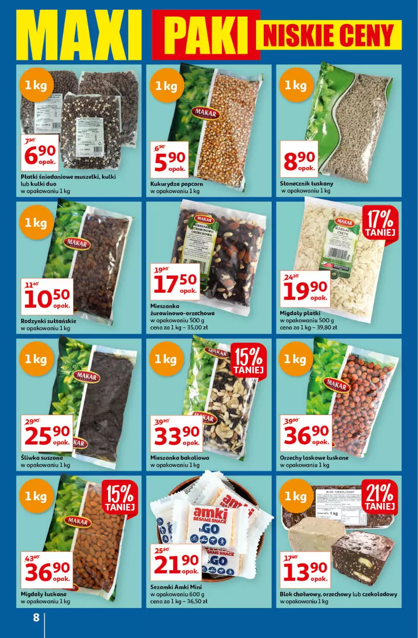 Gazetka promocyjna Auchan - Maxi Paki Niskie Ceny Hipermarkety - ważna 13.01 do 19.01.2022 - strona 8 - produkty: Danio, Kukurydza, Mieszanka bakaliowa, Migdały, Migdały łuskane, Mus, Popcorn, Rodzynki, Sezam, Wino