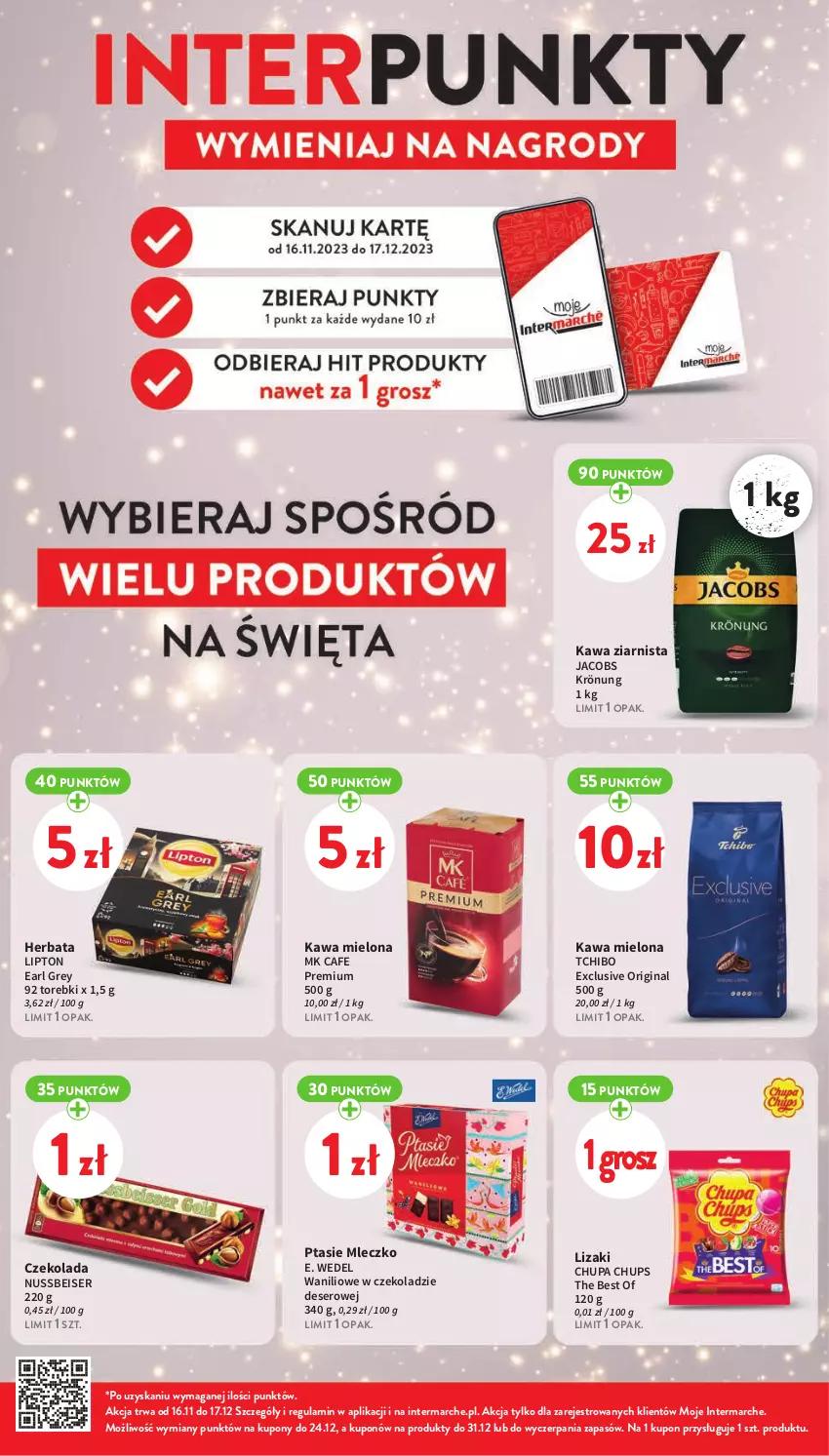 Gazetka promocyjna Intermarche - Gazetka Intermarche - ważna 30.11 do 06.12.2023 - strona 12 - produkty: Chupa Chups, Czekolada, Deser, E. Wedel, Earl Grey, Gin, Herbata, Jacobs, Jacobs Krönung, Kawa, Kawa mielona, Kawa ziarnista, Lipton, Lizaki, Mleczko, Ptasie mleczko, Ser, Tchibo