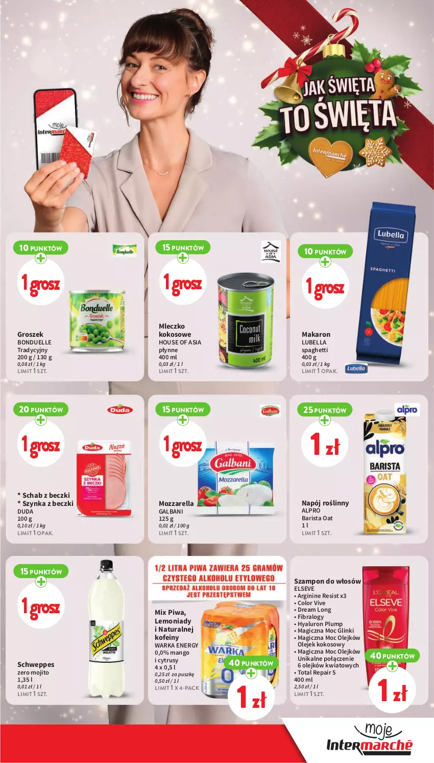 Gazetka promocyjna Intermarche - Gazetka Intermarche - ważna 30.11 do 06.12.2023 - strona 13 - produkty: Alpro, Bell, Bella, Bonduelle, Duda, Elseve, Galbani, Gin, Groszek, House of Asia, Kokos, Lubella, Makaron, Mango, Mleczko, Mozzarella, Napój, Napój roślinny, Olej, Piwa, Schweppes, Spaghetti, Szampon, Szynka, Szynka z beczki, Warka