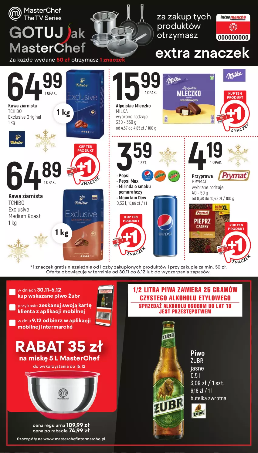 Gazetka promocyjna Intermarche - Gazetka Intermarche - ważna 30.11 do 06.12.2023 - strona 20 - produkty: Gin, Gra, Kawa, Kawa ziarnista, Milka, Mirinda, Mleczko, Mobil, Pepsi, Pepsi max, Piwa, Piwo, Prymat, Tchibo