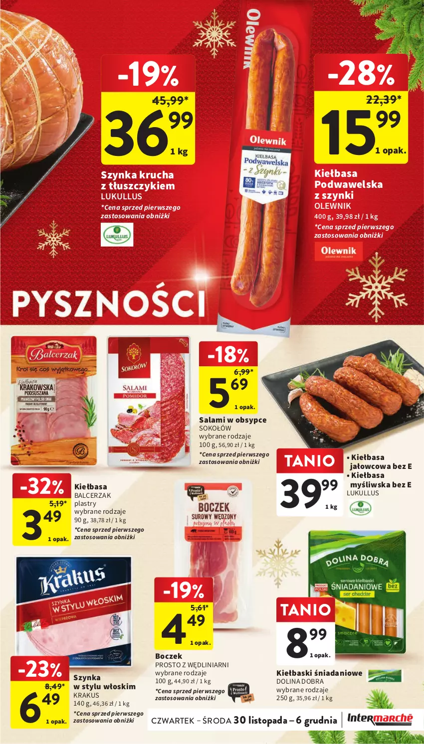 Gazetka promocyjna Intermarche - Gazetka Intermarche - ważna 30.11 do 06.12.2023 - strona 29 - produkty: Boczek, Danio, Kiełbasa, Kiełbasa podwawelska, Krakus, Olewnik, Salami, Sok, Sokołów, Szynka, Top, Wawel