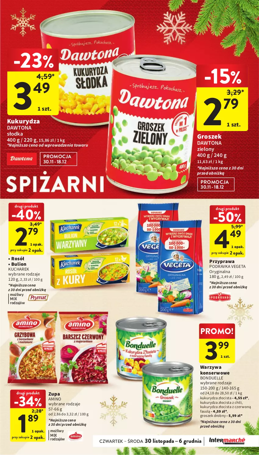 Gazetka promocyjna Intermarche - Gazetka Intermarche - ważna 30.11 do 06.12.2023 - strona 41 - produkty: Bonduelle, Bulion, Dawtona, Fa, Gin, Groszek, Kucharek, Kukurydza, Lion, Podravka, Rosół, Ser, Top, Vegeta, Warzywa, Warzywa konserwowe, Zupa