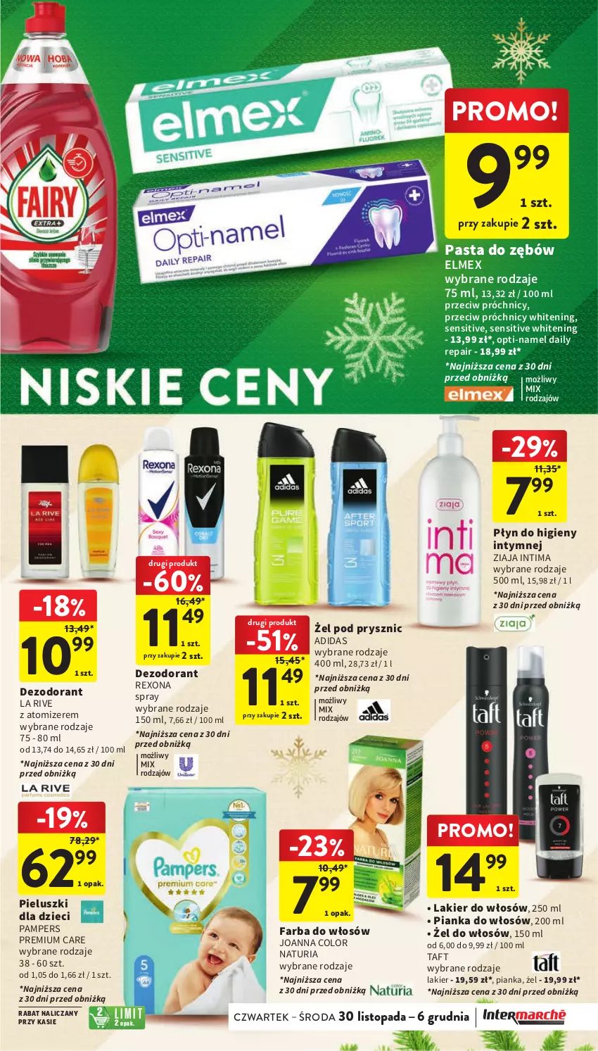 Gazetka promocyjna Intermarche - Gazetka Intermarche - ważna 30.11 do 06.12.2023 - strona 45 - produkty: Adidas, Dezodorant, Dzieci, Elmex, Fa, Farba do włosów, Joanna, La Rive, Lakier, Lakier do włosów, Pampers, Pasta do zębów, Pianka do włosów, Płyn do higieny intymnej, Rexona, Taft, Top, Ziaja