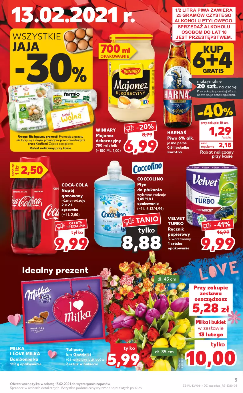 Gazetka promocyjna Kaufland - OFERTA TYGODNIA - ważna 11.02 do 17.02.2021 - strona 3 - produkty: Bukiet, Coca-Cola, Coccolino, Gra, Harnaś, Jaja, Majonez, Milka, Napój, Napój gazowany, Papier, Piwa, Piwo, Płyn do płukania, Ręcznik, Tulipan, Velvet, Waga, Winiary