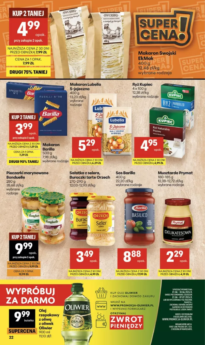 Gazetka promocyjna Delikatesy Centrum - Franczyza DC24 Czwartek - ważna 11.06 do 17.06.2026 - strona 22 - produkty: Barilla, Bell, Bella, Bonduelle, Buraczki, Kupiec, Lubella, Makaron, Mus, Musztarda, Olej, Olej rzepakowy, Piec, Prymat, Ryż, Sałat, Sałatka, Sos