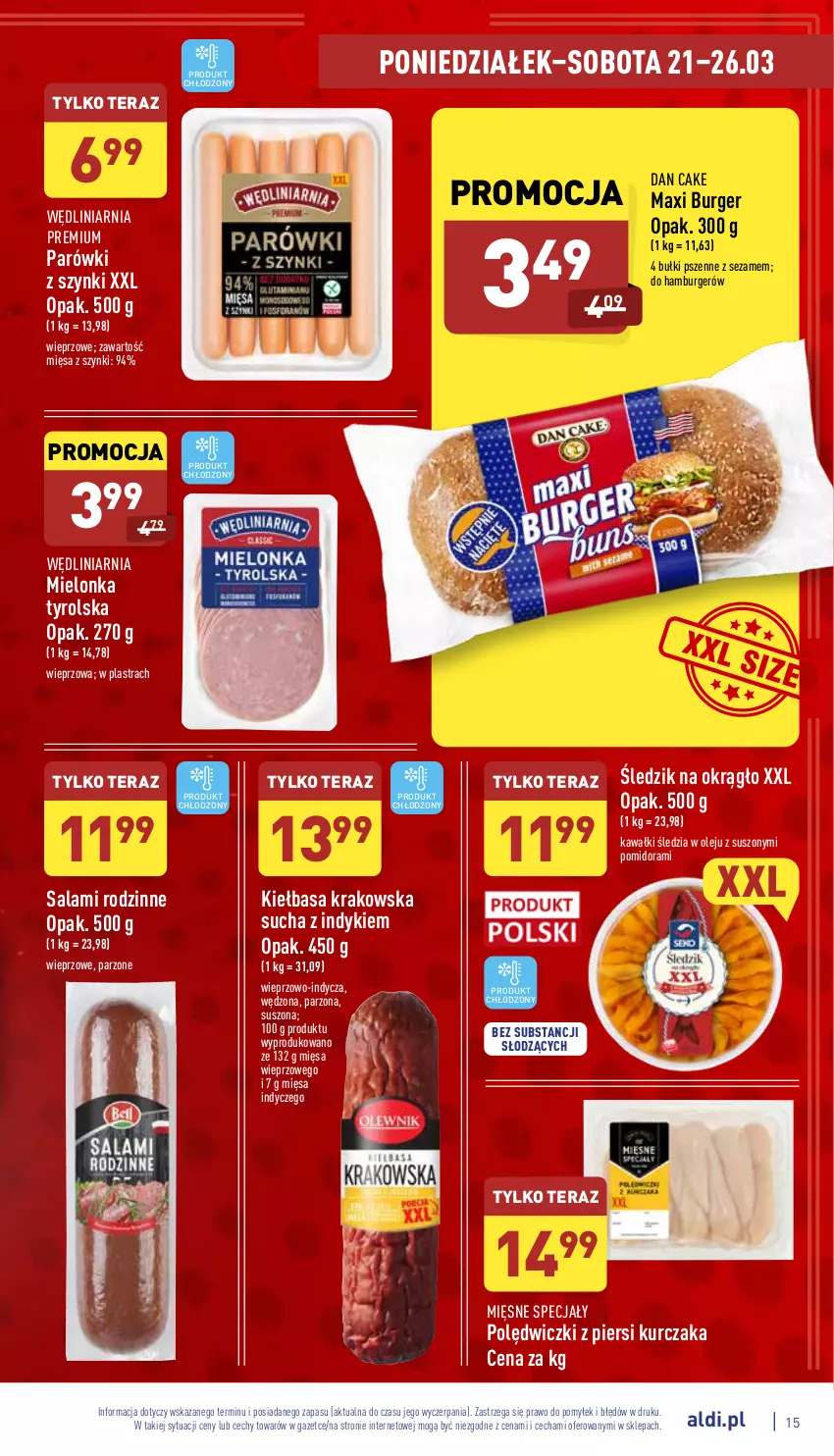 Gazetka promocyjna Aldi - Pełny katalog - ważna 21.03 do 26.03.2022 - strona 15 - produkty: Burger, Dan Cake, Hamburger, Kawa, Kiełbasa, Kiełbasa krakowska, Kurczak, Mielonka tyrolska, Mięsne specjały, Olej, Parówki, Parówki z szynki, Salami, Sezam, Tera