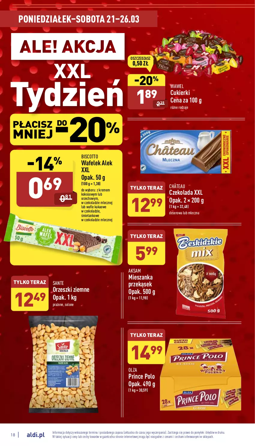 Gazetka promocyjna Aldi - Pełny katalog - ważna 21.03 do 26.03.2022 - strona 18 - produkty: Aksam, Cukier, Cukierki, Czekolada, Deser, Kakao, Kokos, Orzeszki, Orzeszki ziemne, Prince Polo, Sante, Ser, Tera, Wafelek, Wafle, Wawel