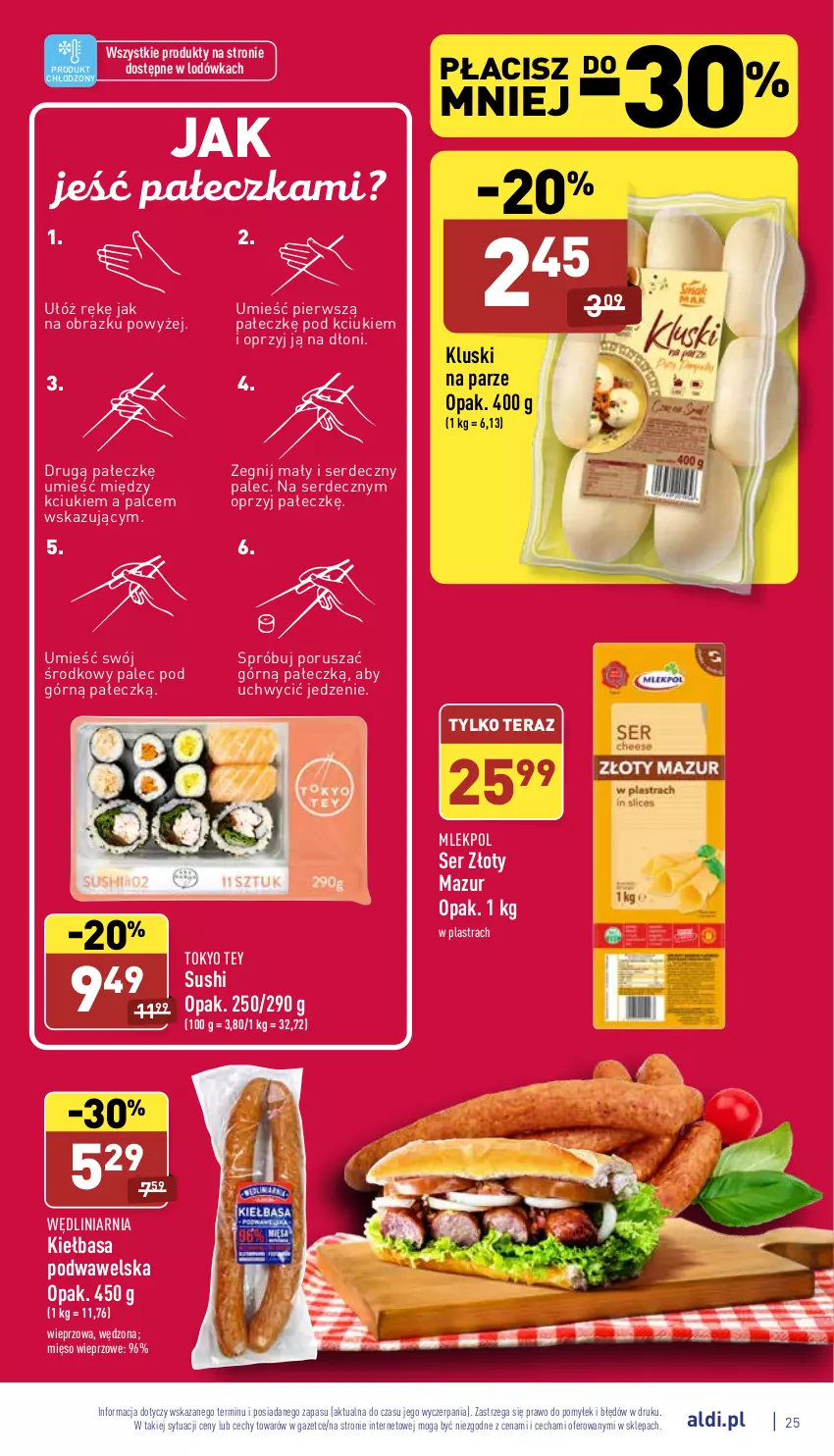 Gazetka promocyjna Aldi - Pełny katalog - ważna 21.03 do 26.03.2022 - strona 25 - produkty: Kiełbasa, Kiełbasa podwawelska, Kluski na parze, Lodówka, Mięso, Mięso wieprzowe, Obraz, Por, Ser, Sushi, Tera, Wawel, Złoty Mazur