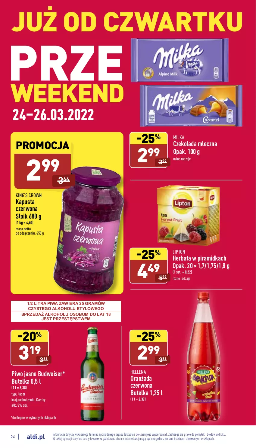 Gazetka promocyjna Aldi - Pełny katalog - ważna 21.03 do 26.03.2022 - strona 26 - produkty: Czekolada, Czekolada mleczna, Gra, Hellena, Herbata, King’s Crown, Lipton, Milka, Oranżada, Piwa, Piwo, Piwo jasne, Ser