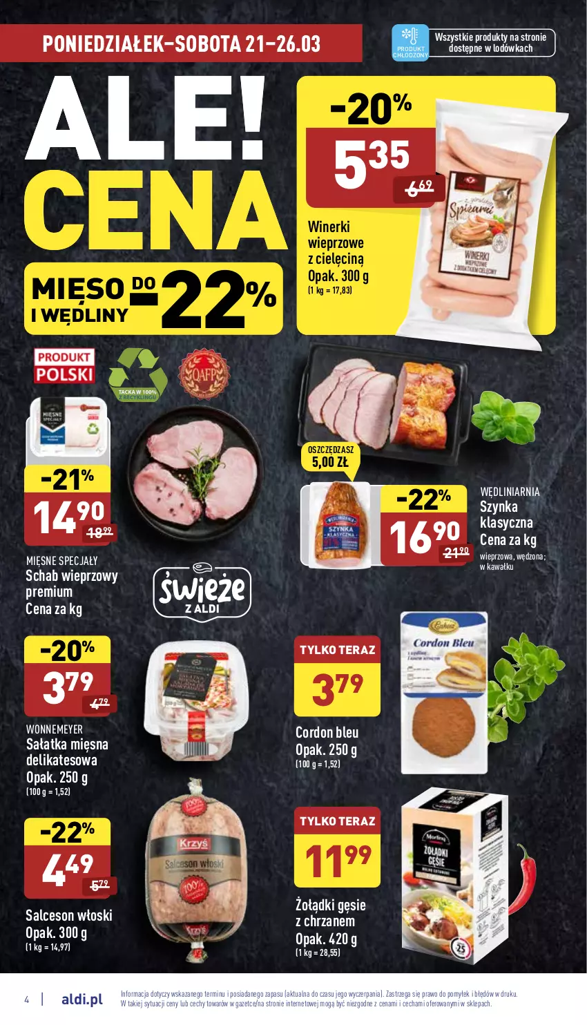 Gazetka promocyjna Aldi - Pełny katalog - ważna 21.03 do 26.03.2022 - strona 4 - produkty: Chrzan, Cordon Bleu, Kawa, Lodówka, Mięsne specjały, Mięso, Sałat, Sałatka, Salceson, Schab wieprzowy, Szynka, Tera