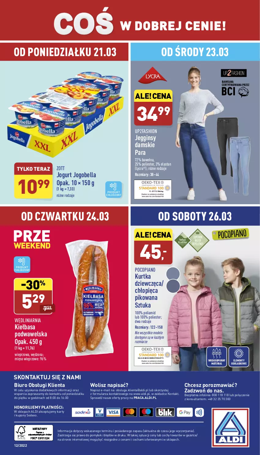 Gazetka promocyjna Aldi - Pełny katalog - ważna 21.03 do 26.03.2022 - strona 42 - produkty: Bell, Bella, Biuro, Fa, Gin, Jogobella, Jogurt, Kiełbasa, Kiełbasa podwawelska, Kurtka, Mięso, Mięso wieprzowe, O nas, Pocopiano, Por, Tera, Wawel, Wełna, Zott